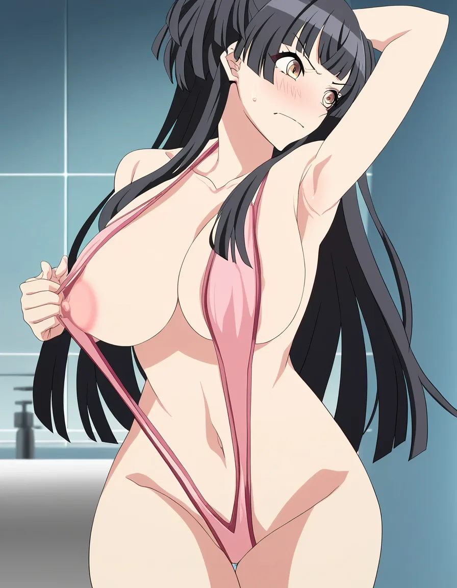 @mayuzumi_fuyuko , she has a thin pink slingshot swimsuit with nipple_slip, and a fit lean mature body slut, shes caught in the act embarassed, and angry shocked while shes arms up armpits, with massive breasts, busty, and huge ass with bad_anatomy but sexy. On a bathroom. Her ass gets slapped by a hand. sexually_suggestive, (anime style:1.3), 2d, anime screencap, cel shading, flat color
