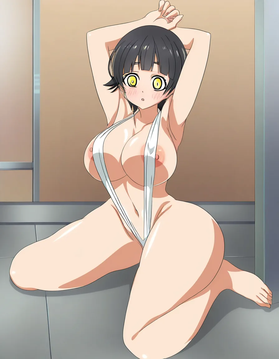 @uiharu_kazari , aged_up , she has a thinner bright yellow and white horizontal stripe slingshot swimsuit with nipple_slip , shes a fit lean body slut bad_anatomy , shes caught in the act embarassed shocked while shes arms up armpits, with massive breasts, busty f-cup chest size, bad_anatomy, and huge ass, with massive thick_thighs. In the bathroom. Full body, sexually_suggestive, ecchi style, accurate extreme detail hentai style, anime, absurd shading, absurd cel shading, extremely glossy artstyle, art, absurd lighting, over exaggerated body proportions, (anime style:1.3), 2d, anime screencap, cel shading, flat color