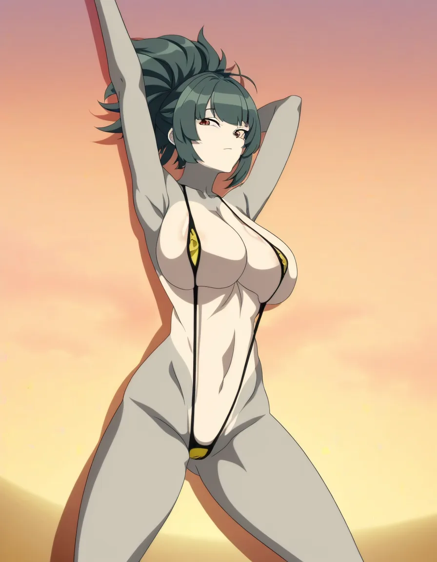 Ye Shunguang from Zenless Zone zero, she has a thinner bright golden stripped slingshot swimsuit with nipple_slip , shes a fit lean body slut bad_anatomy , shes caught in the act embarassed wide eye and caught silly while shes arms up armpits, armpit_pose:1.3, with massive breasts, busty f-cup chest size, bad_anatomy, busty, and huge ass, with massive thick_thighs. In the beach. Full body, sexually_suggestive, ecchi style, accurate extreme detail hentai style, anime, absurd shadow shading, very absurd cel shading, extremely glossy artstyle, art, absurd lighting, absolutely over exaggerated body proportions, (extremely_hyper_leaner_and_fitter_body:1.1), gigantic_massive_breasts, lean waist, stretching, back_side_view, extremely_massive_breasts, big_pussy_cheeks, solo, leaner waist and body, (adult_aged_up_body:1.3), accurate suggestion., anime hentai style,,, (anime style:1.3), 2d, anime screencap, cel shading, flat color, pale color., (anime style:1.3), 2d, anime screencap, cel shading, flat color, (anime style:1.3), 2d, anime screencap, cel shading, flat color, (anime style:1.3), 2d, anime screencap, cel shading, flat color