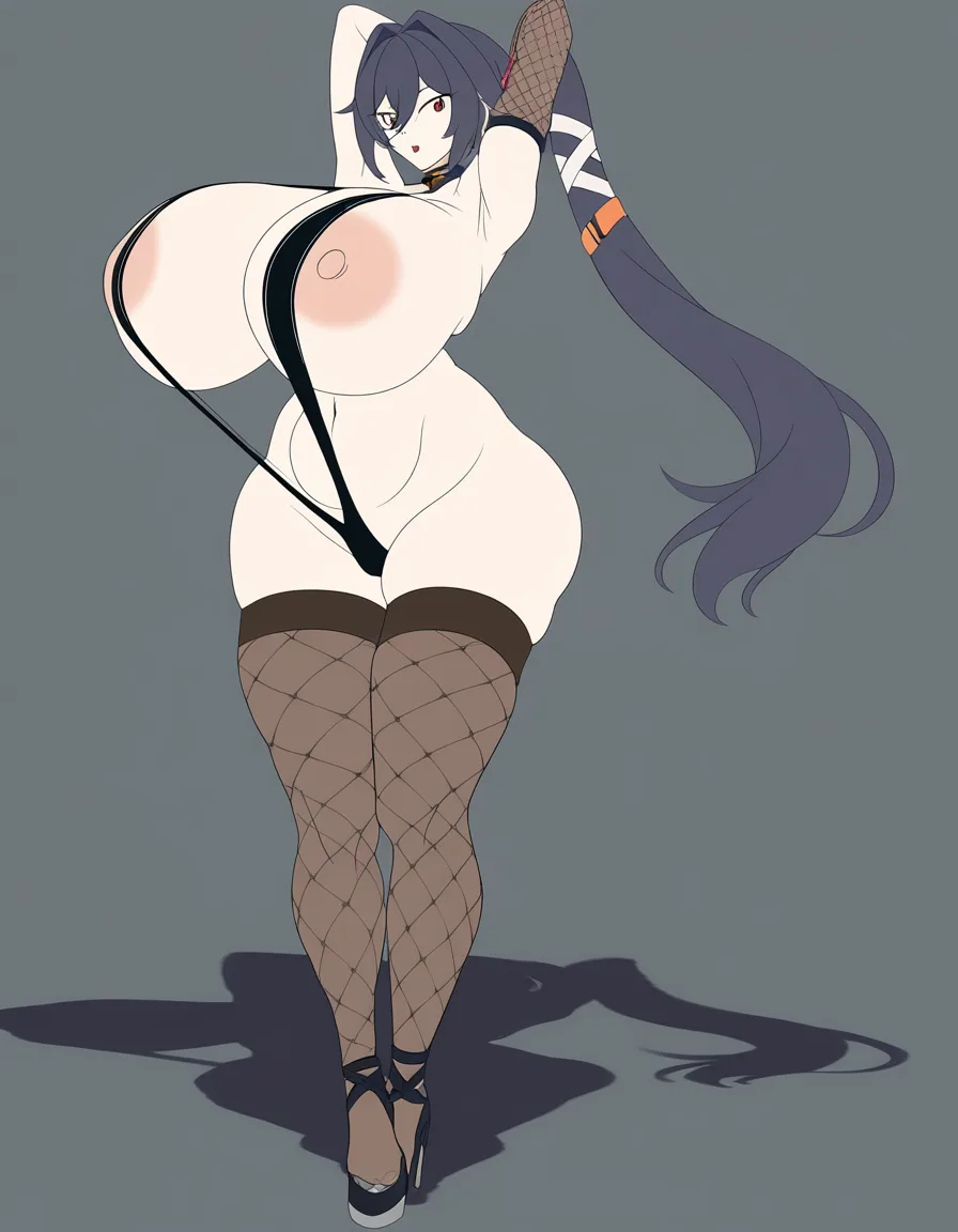 Hentai anime style, @Ye_Shunguang_(Zenless_Zone_Zero) with long hair and fox-like ears hair
but slutty and busty , she has a barely very thin glossy brown stripped slingshot swimsuit with areola nipple_slip with both brown fishnets thigh highs and brown fishnet arm stockings, shes a fit lean body slut bimbo bad_anatomy , she is caught in the act much embarassed with wide eyes and bit surprised and caught silly while shes arms up armpits, in from_side, with massive breasts, busty f-cup chest size, bad_anatomy, busty, massive huge ass, with massive thick_thighs. In the bathroom. Full body, standing, sexually_suggestive, ecchi style, accurate extreme detail hentai style, anime, absurd shadow shading, very absurd cel shading, extremely glossy artstyle, absolutely over exaggerated body proportions, extremely_hyper_leaner_and_fitter_body, gigantic_massive_breasts_bigger_than_head, huge_thighs, extremely lean waist, fit body type, extremely_massive_breasts, solo, leanest waist and body, accurate suggestion, /sharp_focus /best_quality /sharp_focus, hentai art style lines, hentai-style flat color, raw hentai style, (anime style:1.3), 2d, anime screencap, cel shading, flat color