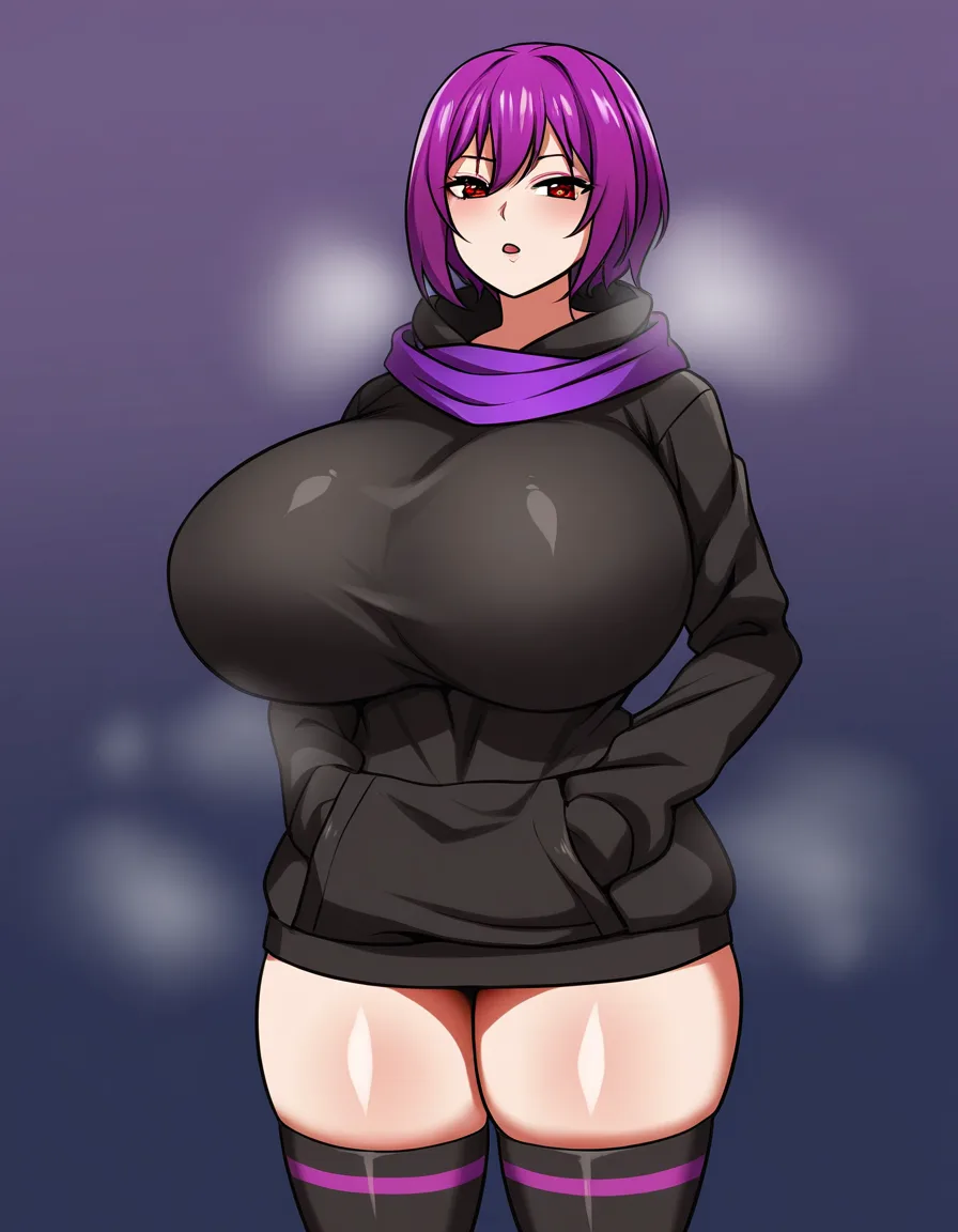 1girl huge_breasts thighhighs red_eyes purple_hair short_hair Beautiful face, steaming_body hot black hoodie purple_scarf no_pants Long transparent black socks, hentai_studio_quality