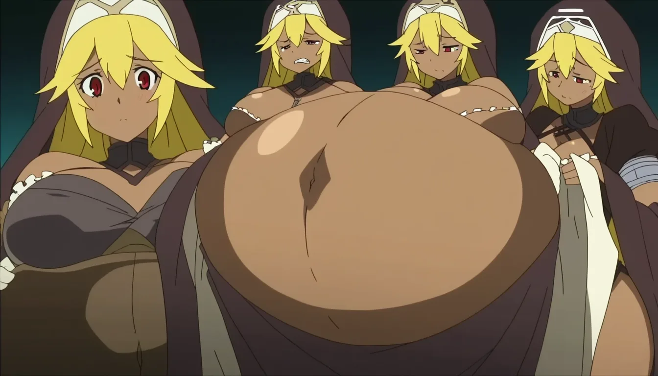 1 female, weight gain expansion, fat belly, lupusregina beta from overlord, dark dark-skinned_female