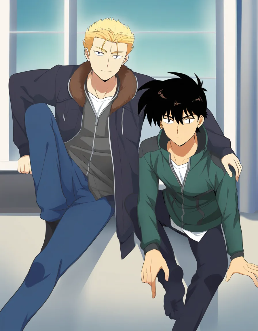 ultra detailed, 2boys, soles, jacket, spread legs, window, confident gaze, vivid anime colors, hentai_studio_quality