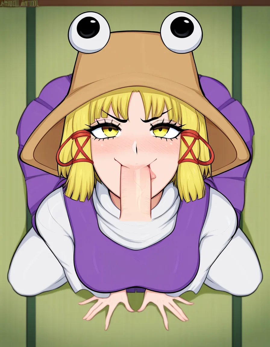 afrobull_artstyle, @moriya_suwako, 1girl, blonde_hair, short_hair, aged_up, medium_breasts, naughty_face, :>, deepthroat, looking_at_viewer, looking_up, pov, from_above, hentai_studio_quality