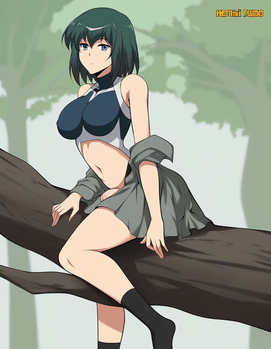 best quality, polished, 1girl, bare shoulders, socks, futanari, tree, vivid anime colors, hentai_studio_quality