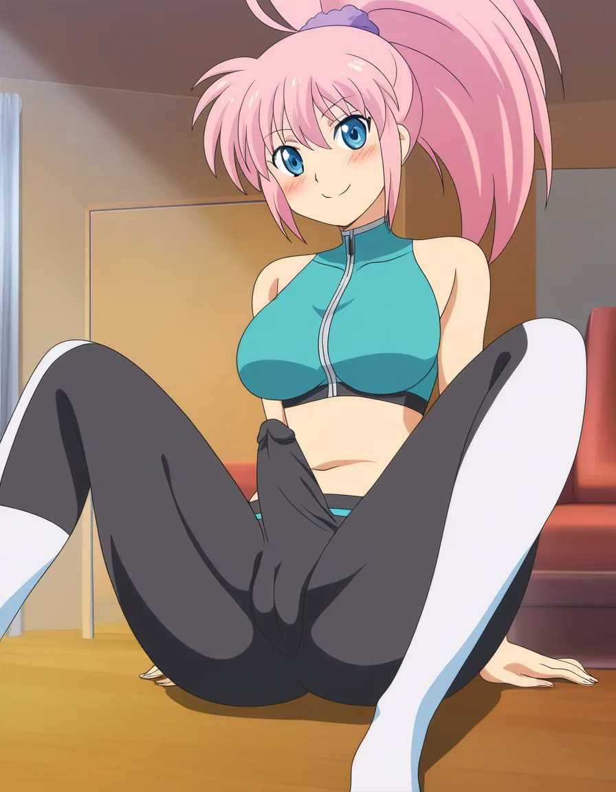 futanari, pink_hair, ponytail, blue_eyes, medium_breasts, wide_hips, yoga pants, viewer grabbing erection, sitting open legs, erection_under_clothes, cameltoe, smile, blush, living room, (anime style:1.3), 2d, anime screencap, cel shading, flat color