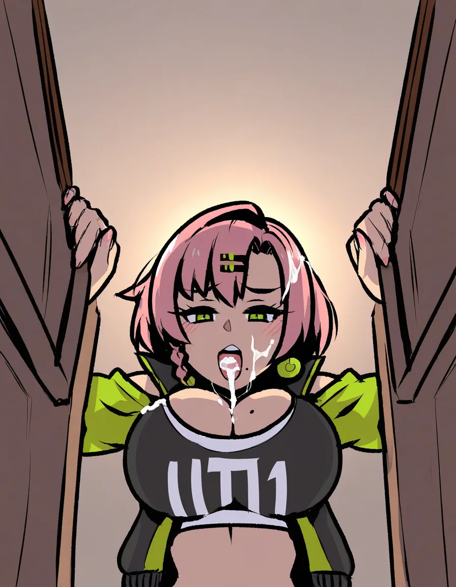 /masterpiece, /ultra_detailed, #akairiot_artstyle, @nicole_demara, 1girl, naughty_face, open_mouth, cum_on_hair, facial, cum_in_nose, cum_in_mouth, cheek_bulge, white_shirt, cleavage, large_breasts, mole_on_breast, looking_down, from_below, pov, hentai_studio_quality