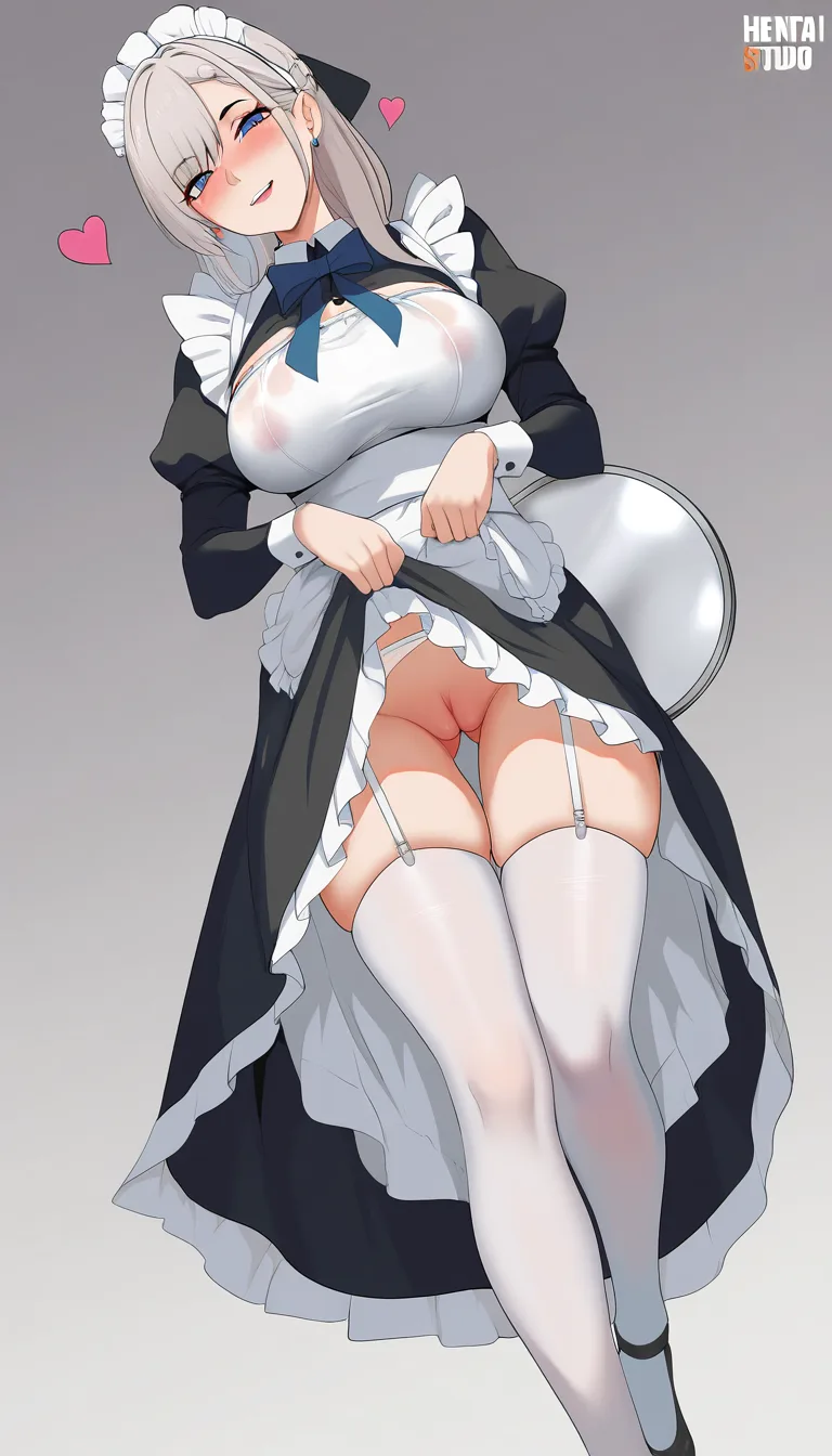 best quality, explicit detail, maid, bow, teasing, playful expression, wide shot, eroge aesthetic