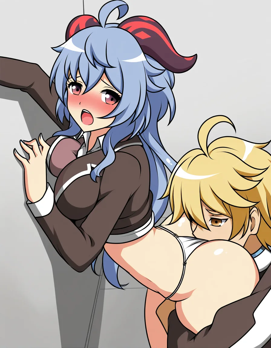 ganyu, against_wall , g-string, school_uniform , classroom , moaning, cunnilingus , 1boy, 1girl, blush, panties_aside, no pants, grabbing_another's_ass, aether, hentai_studio_quality