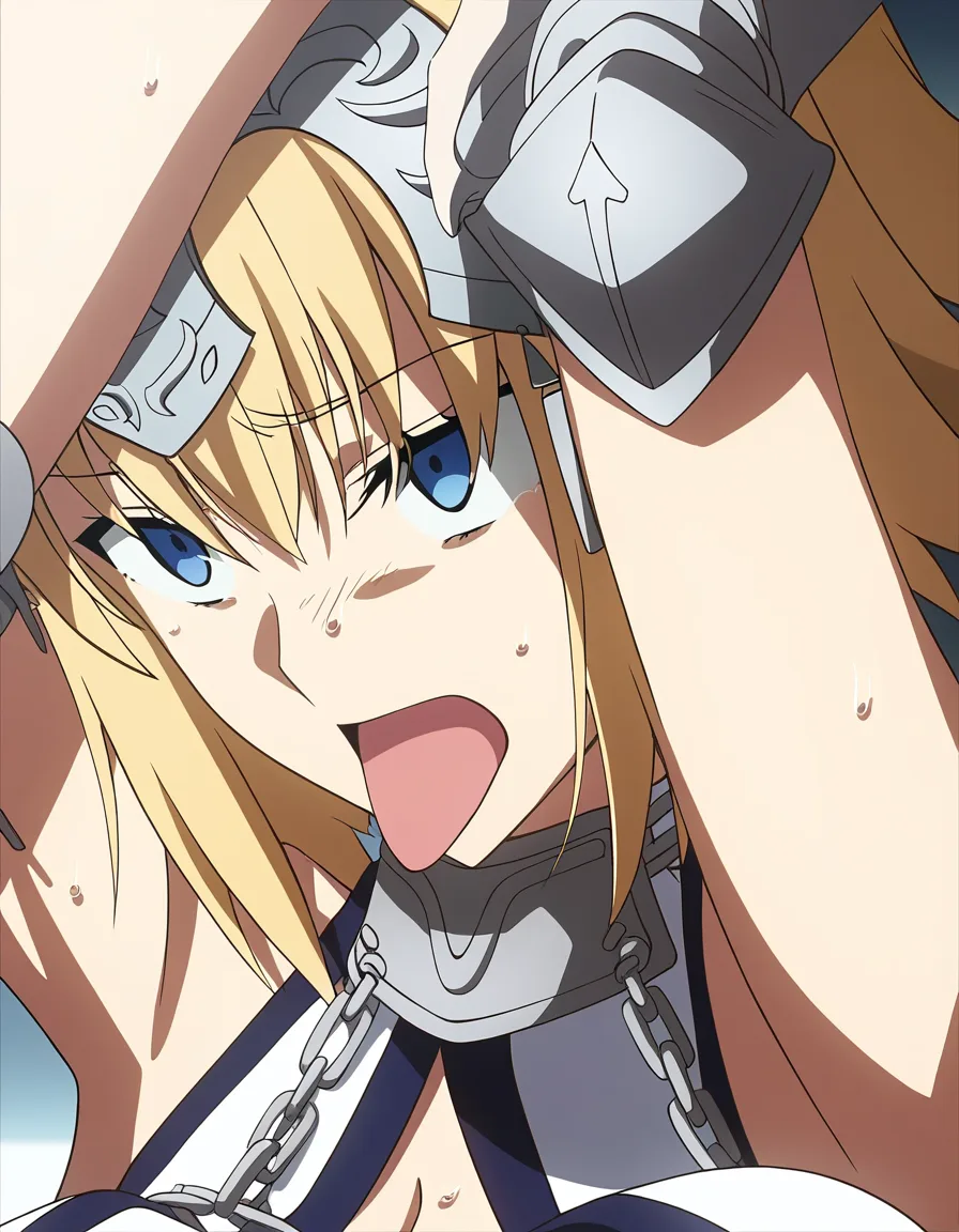 masterpiece, clean art, ahegao, arms up, anime style, Jeanne d'Arc from fate serise,, (anime style:1.3), 2d, anime screencap, cel shading, flat color