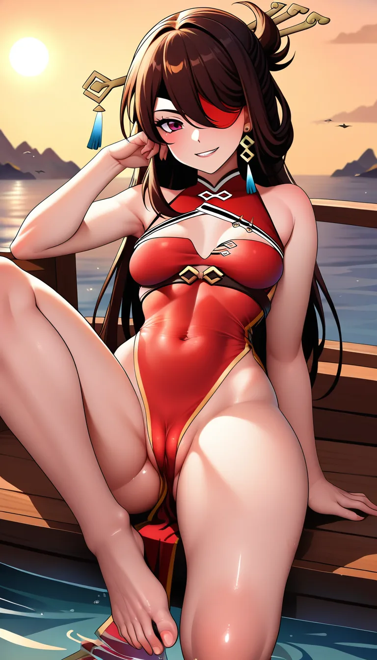 Masterpiece, 1girl, Beidou character from genshin impact , look at viewer, small breasts, outfit, pull cheongsam aside, Brave Smile, Cameltoe, lightweight body, boat background .,,, value:0.1 for: hentai_studio_quality.,,,,.,,, hentai_studio_quality, hentai_studio_quality, hentai_studio_quality
