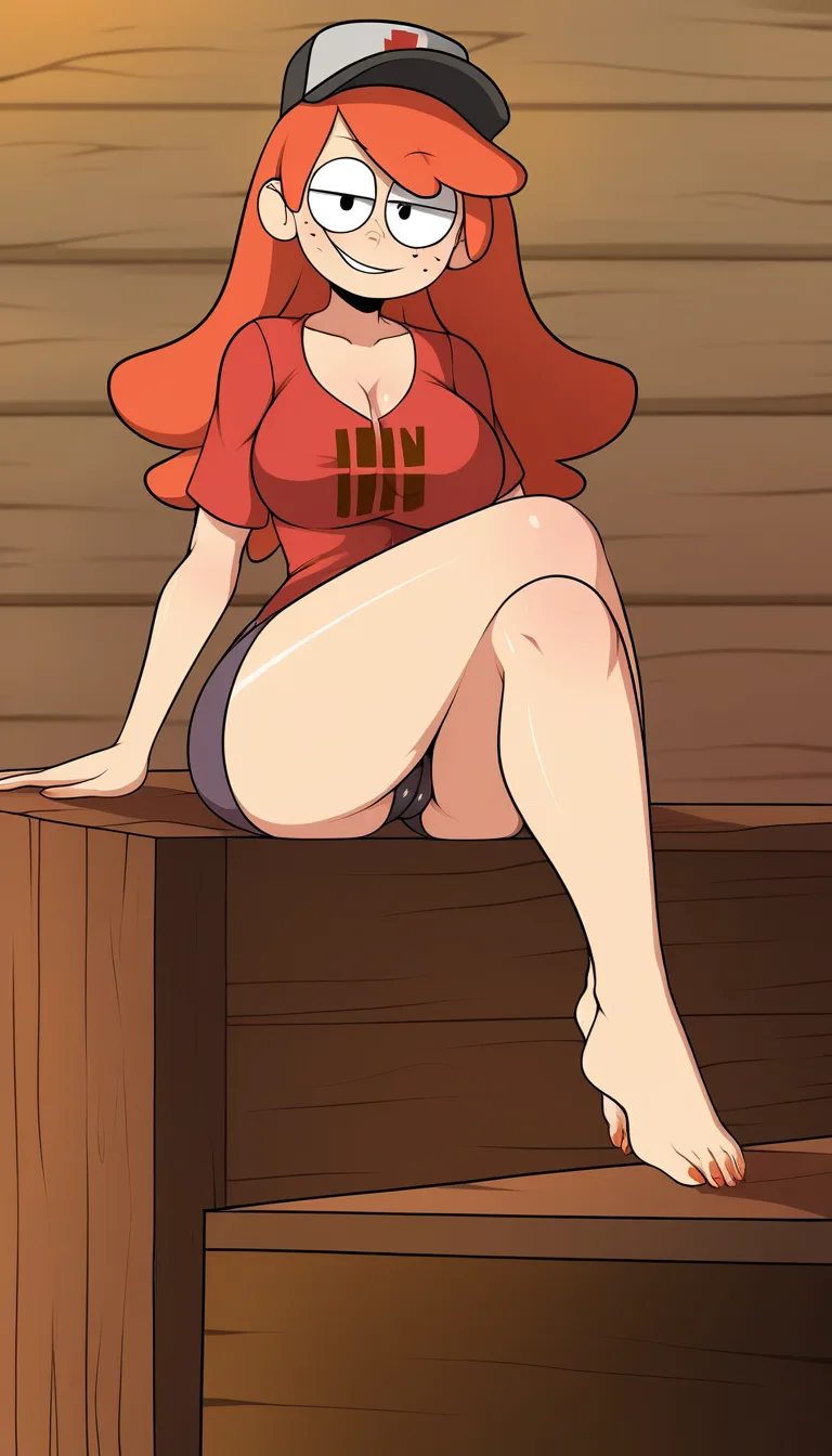 no  hentai_studio_quality, no  hentai studio quality, no watermarks, masterpiece, 1 girl, Wendy Blerble Corduro from Gravity Falls. no freckles, lumberjack  hat, Smile, cameltoe, thigh up on, look at viewer, full body,  thighs together, sitting on table, dont hentai_studio_quality out of prompt., hentai_studio_quality,, hentai_studio_quality, hentai_studio_quality, hentai_studio_quality, hentai_studio_quality, hentai_studio_quality, hentai_studio_quality