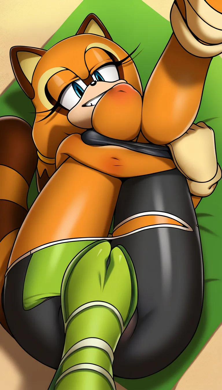 Masterpiece, Original style Marine The Raccoon from Sonic Adventure, looking_at_viewer , racoon tail, full body, legs together, natural perky medium breasts, lying on blanket, cameltoe, panties, lime green tube top with white trim, black capri leggings down, tan gloves, and lime green closed-toe sandals with white ankle-cuffs, beach background, legs up on air, teeth seductive smile, look at viewer ... single continuous shot, full widescreen view, one single image, uninterrupted scene, no borders, no panels, wide angle cinematic photograph, single perspective, edge-to-edge frame.,,, hentai_studio_quality, hentai_studio_quality