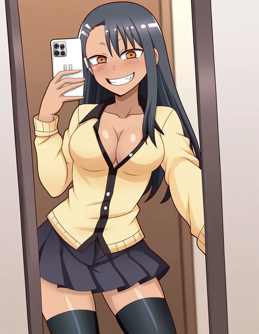 /best_quality /ultra_detailed @nagatoro_hayase #1girl #selfie #mirror #bedroom #black_skirt #thighhighs #long_sleeves #cleavage_cutout, hentai_studio_quality