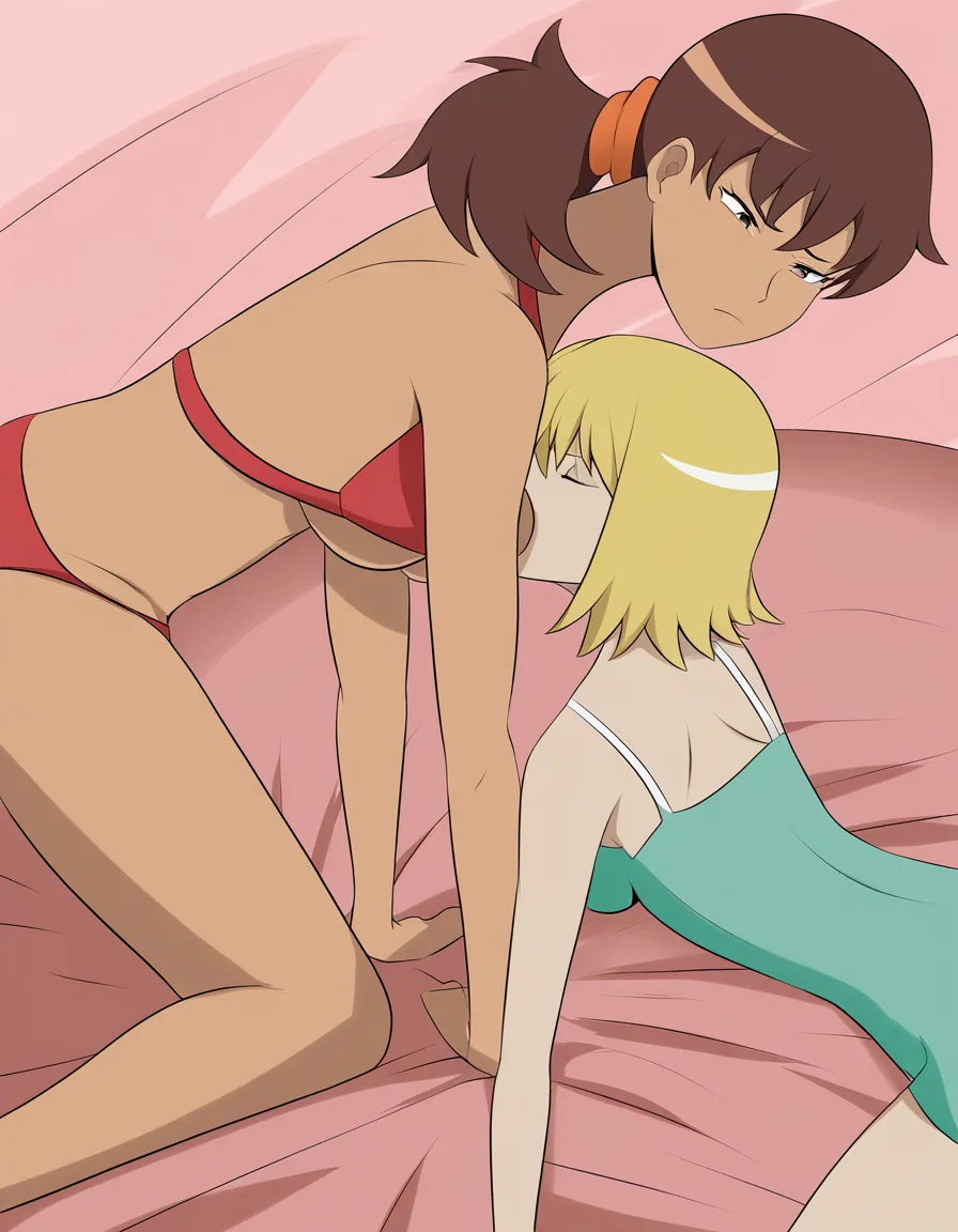 one women skinny, nightdress, ponytail brown hair, small_breasts , breast_sucking , one women bikini_under_clothes, blond short hair, lying bed, all_fours, hentai_studio_quality