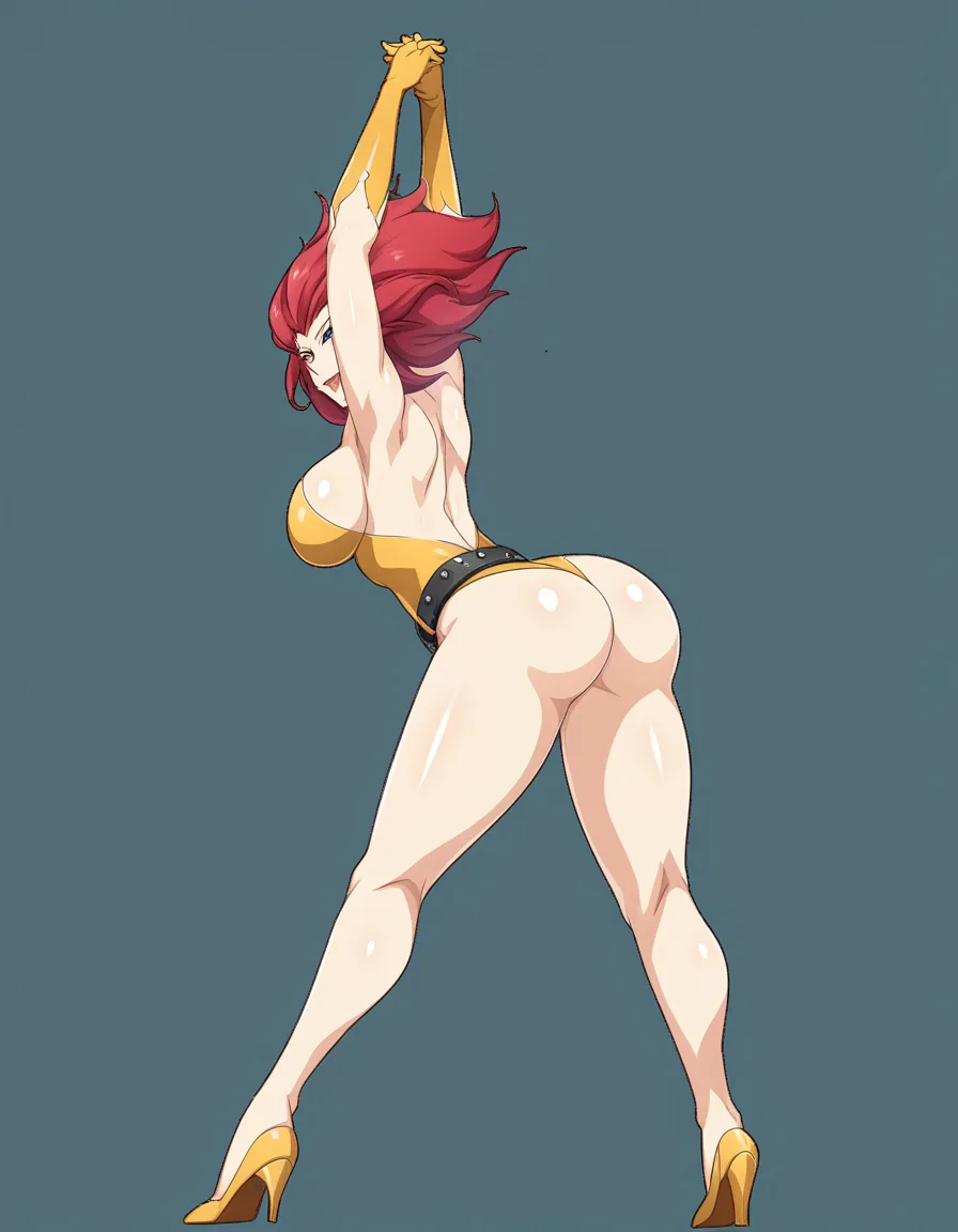 8k, sharp focus, detailed skin, redhead woman, armpits, belt, bent over, transparent background, film photography, hentai_studio_quality