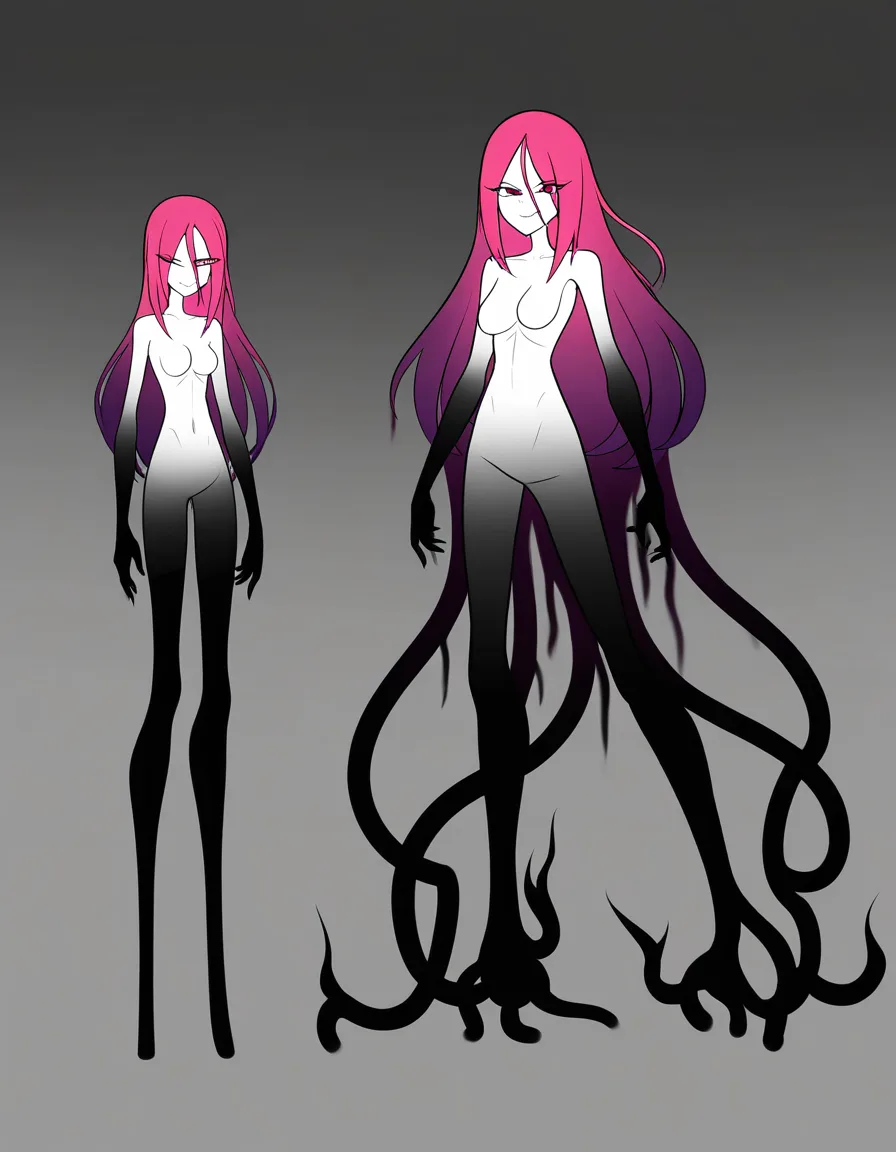 anime style character design, full body,, short stature, slim slender build, slim breast, facial features, defined adult proportions, long hair with pink to black gradient (ombre, black roots fading into vivid pink ends), sharp expressive eyes, confident smile, stylish casual outfit, clean line art, soft cel shading, detailed hair strands, standing pose, neutral light-gray background, character reference sheet, high quality, 4k, hentai_studio_quality