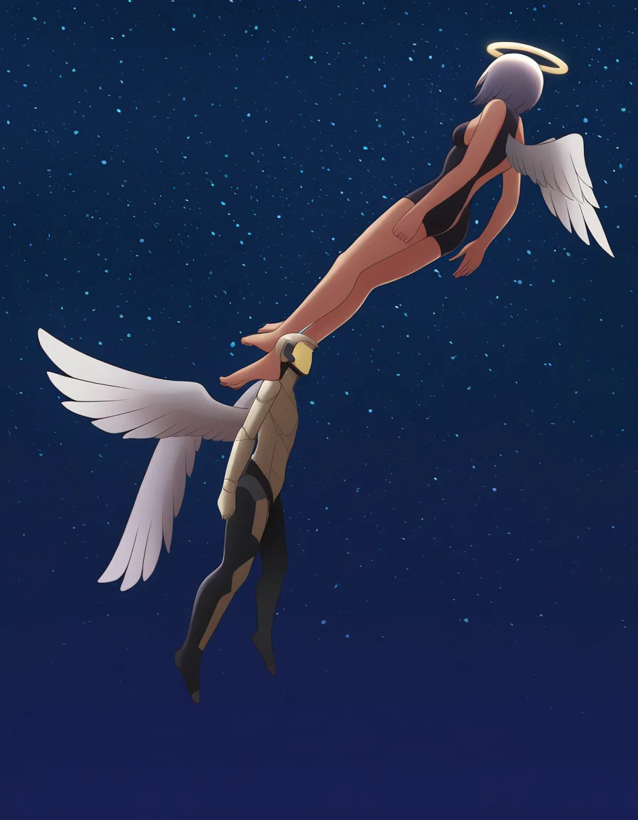 Femdom, small_breasts, mechanical_halo, angel_wings, flying, starry_sky, space, hentai_studio_quality