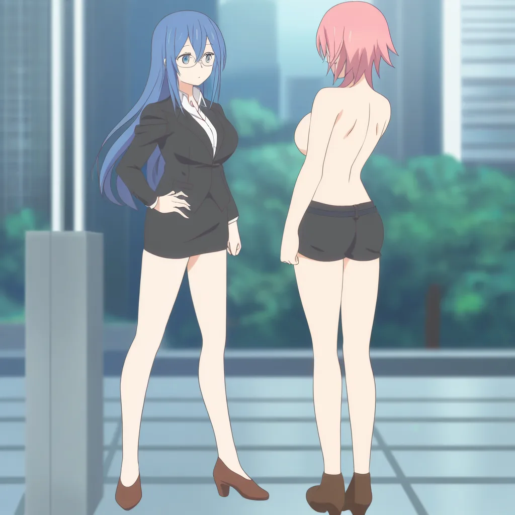 highres, vivid, office lady, brown footwear, shorts, topless, depth of field, visual novel art, (anime style:1.3), 2d, anime screencap, cel shading, flat color, @00osamio00