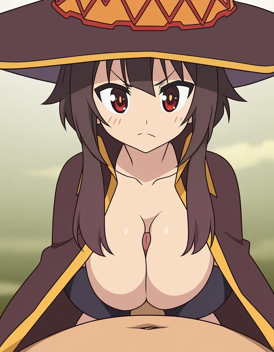 masterpiece, fine detail, megumin, gigantic_breats, paizuri, looking_up,, (anime style:1.3), 2d, anime screencap, cel shading, flat color