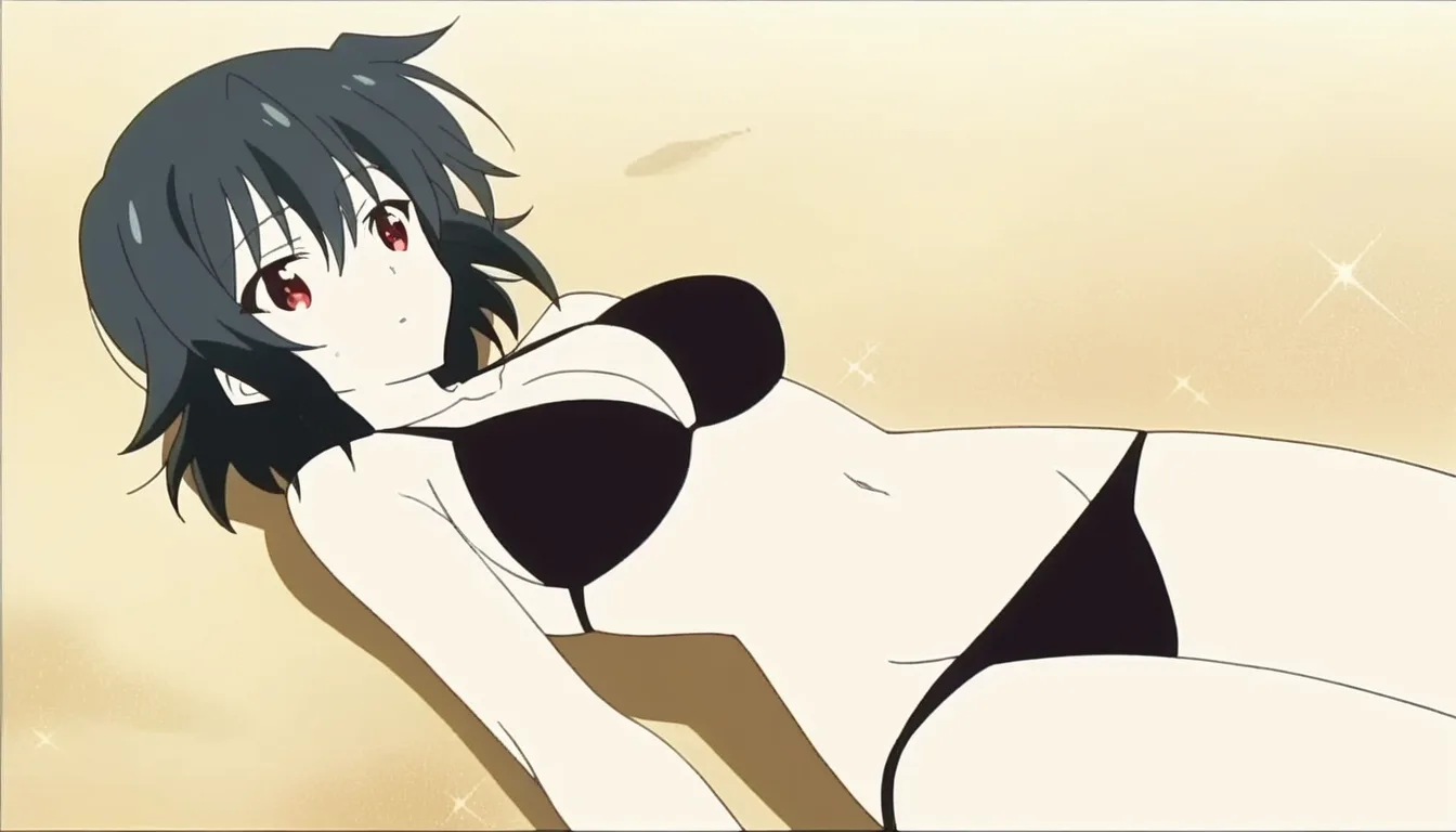 girl with medium length black hair, red eyes, in black two piece bikini taking off her top at the beach