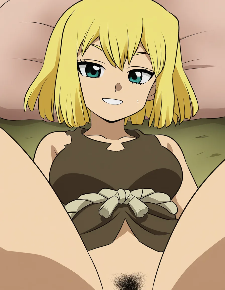 Prompt
/masterpiece, /best_quality, @Kohaku_(dr.stone) , pubic_hair, fully nude, clothes_pull , missionary, on_back, legs open, presenting, seductive_smile, (anime style:1.3), 2d, anime screencap, cel shading, flat color