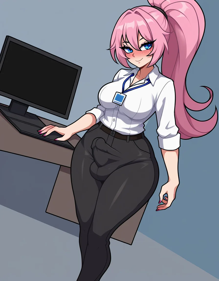 best quality, futanari, pink_hair, ponytail, blue_eyes, medium_breasts, wide_hips, seductive_smile, blush, office_lady, pants, black_pants, erection_under_clothes, computer, office, hentai_studio_quality