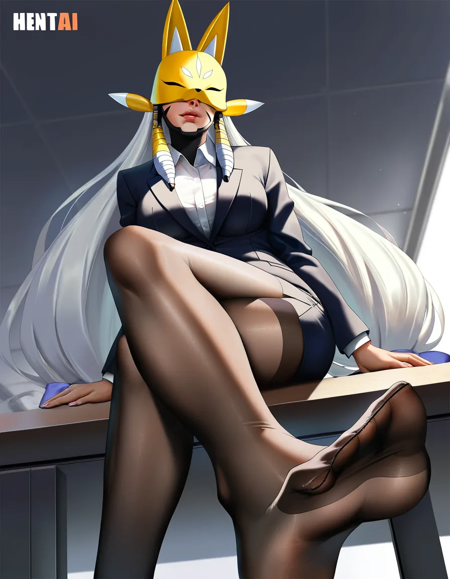 ultra detailed shading, masterpiece, clean art, highly_detailed, best_quality, hentai_studio_quality, realistic, sakuyamon, very_long_hair, white_hair, twintails, feet, femdom, office_lady, miniskirt, formal_clothes, cameltoe, sitting, crossed_legs , from_below, pantyhose, toes, feet, solo, 1girl, pussy_juice, hentai_studio_quality