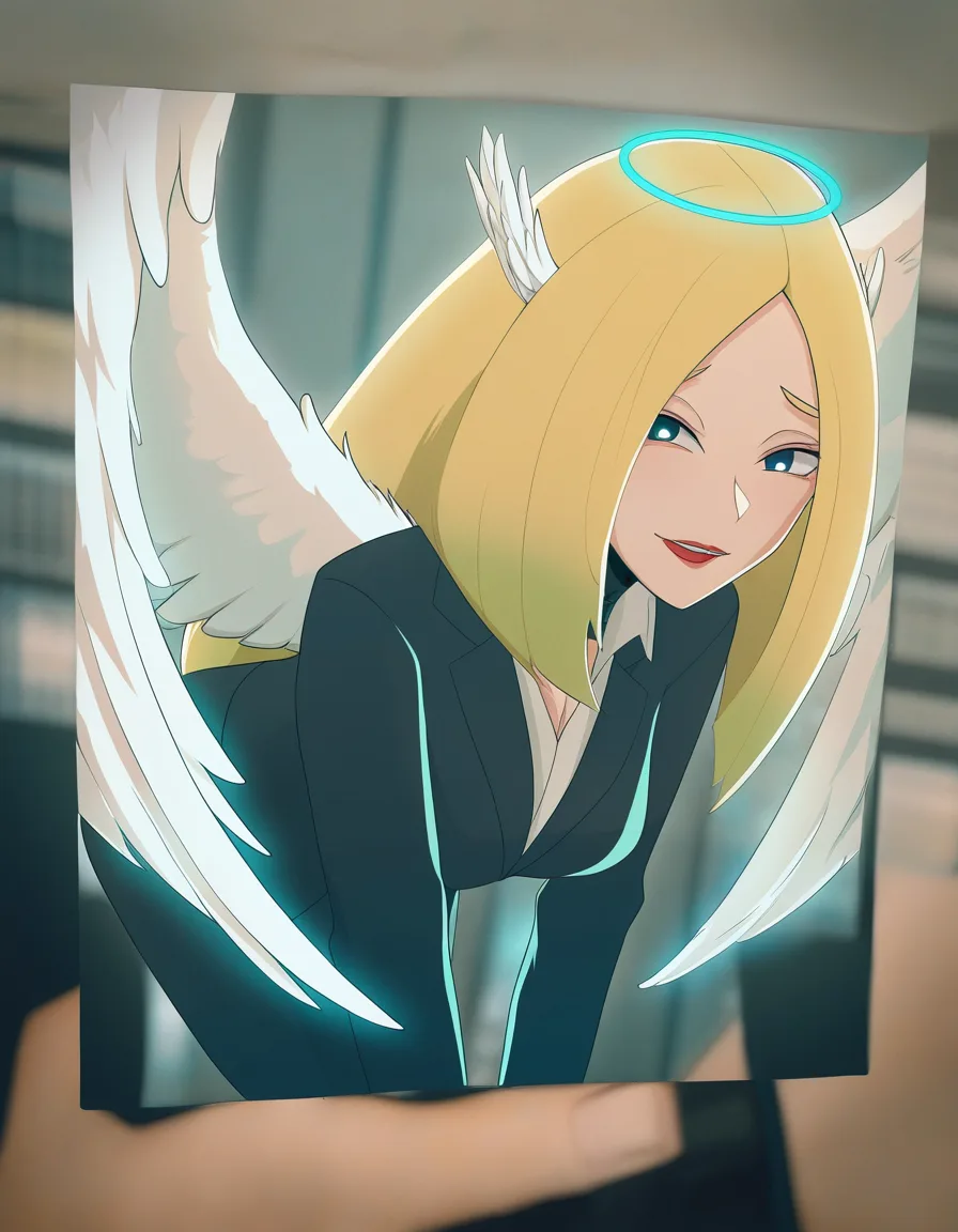 professional photo, high detail, office lady, blonde hair, wings, doggy style, neon glow, film photography, hentai_studio_quality
