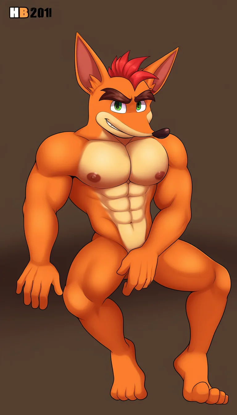 Crash Bandicoot, male, buff, orange body, naked, nude, covering his crotch, hentai_studio_quality, hentai_studio_quality