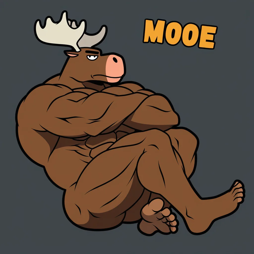 Nude buff male anthro moose, big and huge muscles, dark brown body, arms crossed, legs crossed, humanoid feet, 5 toes, sitting, gray simple background, solo, hentai_studio_quality