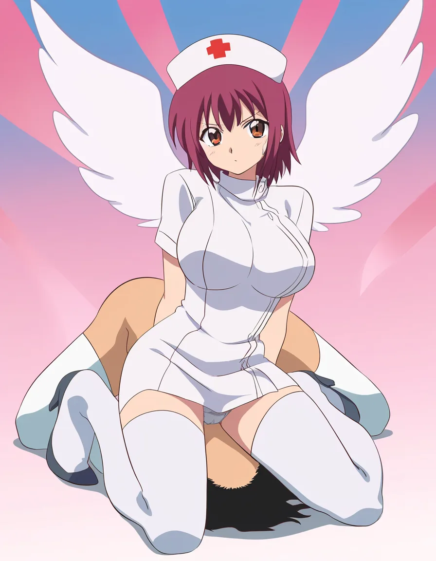 masterpiece, clean art, nurse, white thighhighs, wings, facesitting, gradient background, doujin style, (anime style:1.3), 2d, anime screencap, cel shading, flat color