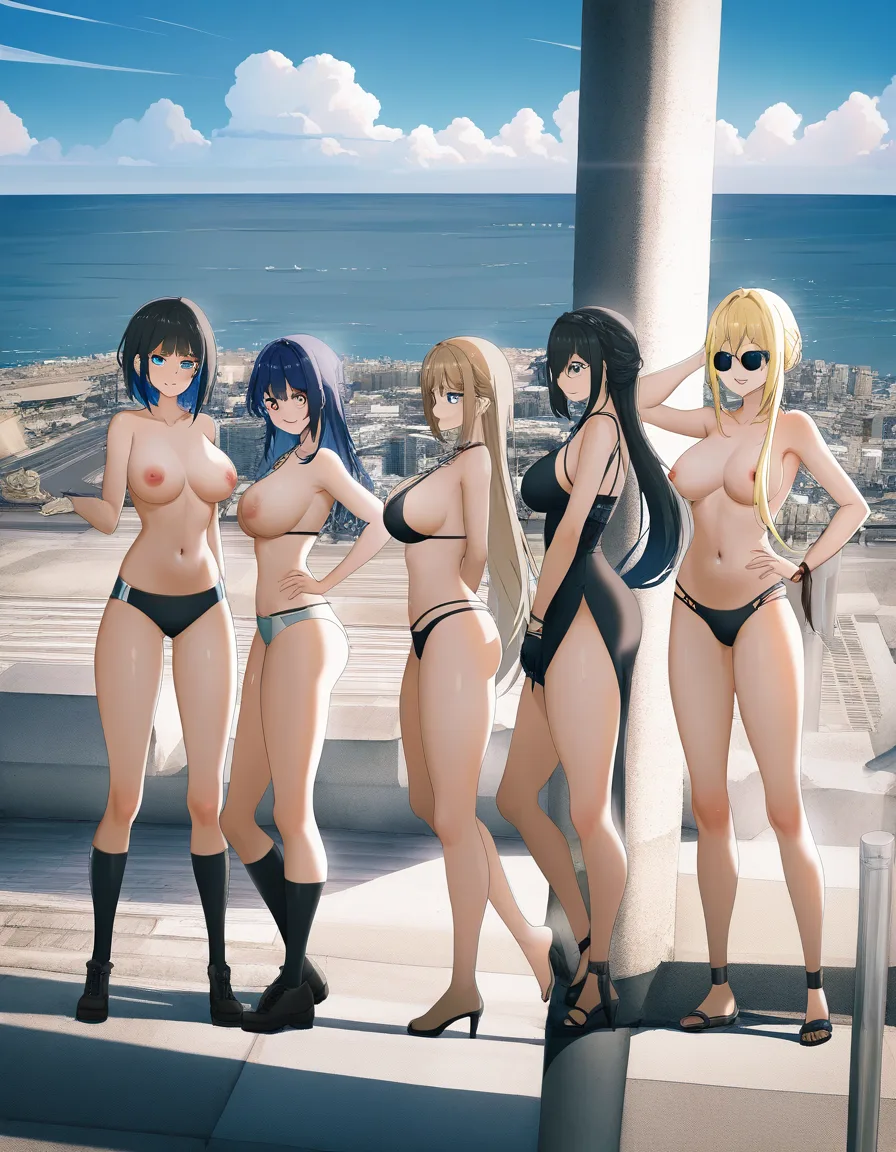 ultra HD, lifelike, wide shot, 5girls, topless, sunglasses, outdoors, 8k uhd photo, hentai_studio_quality
