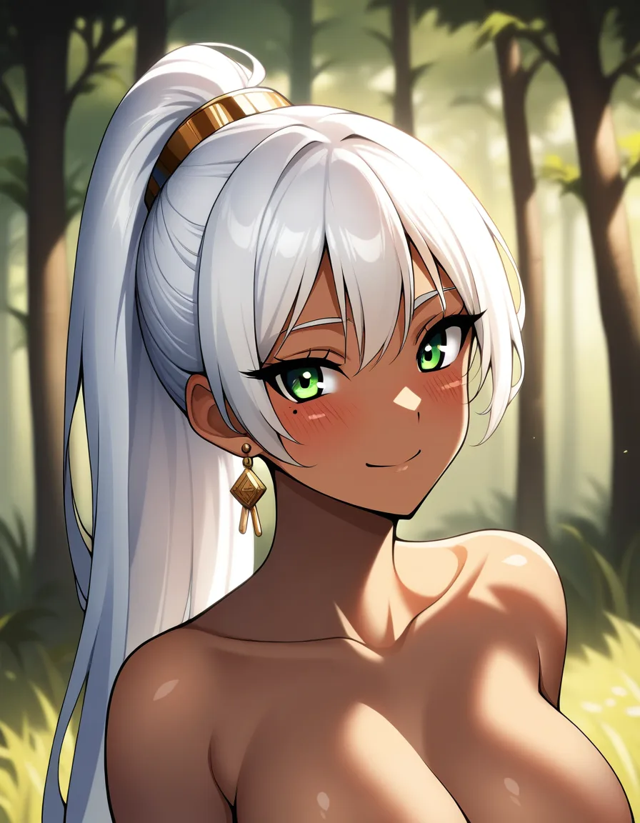 best quality, (masterpiece:1.2), detailed,
<lora:chara_OverpoweredSword_Karen_v1:0.8>, dark skin, upper body,
1girl, solo, closed mouth, smile,
ponytail, long hair, white hair, green eyes, mole under eye, slight blush,
earring, nude, without clothes
standing, looking at the viewer,
outdoors, forest, hentai_studio_quality
