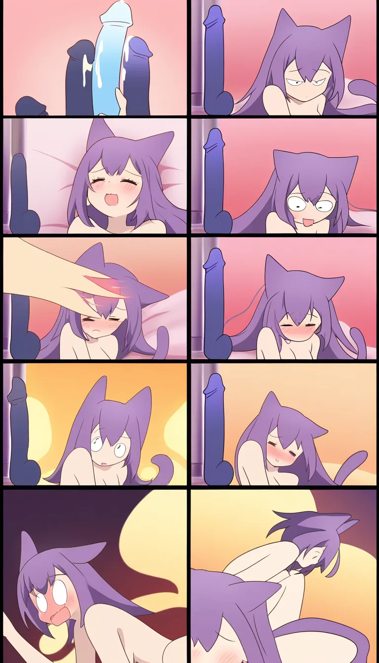 purple_hair, cat_girl, dildo, masturbation, cum, nervous, cute, loving, comic, (anime style:1.3), 2d, anime screencap, cel shading, flat color, @00osamio00