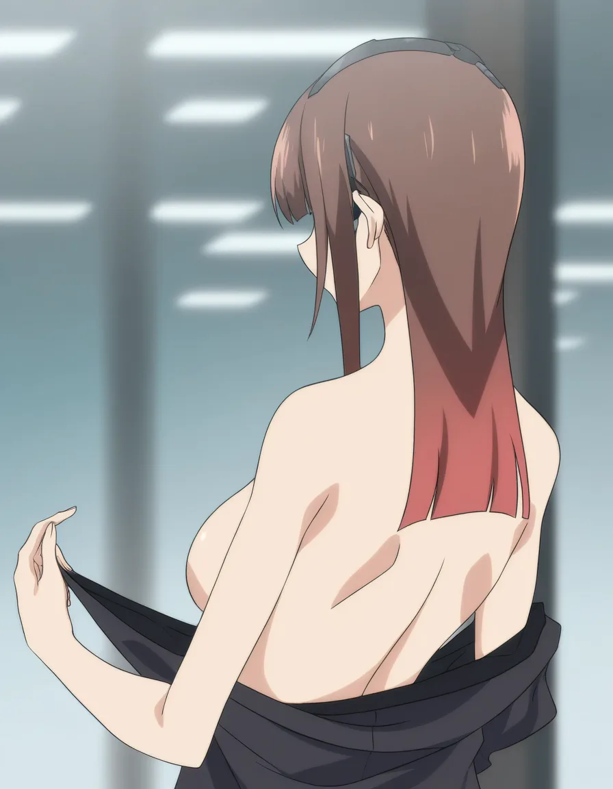 best quality, polished, milf, sideboob, office wear, topless, blurry background, soft cel shading, (anime style:1.3), 2d, anime screencap, cel shading, flat color