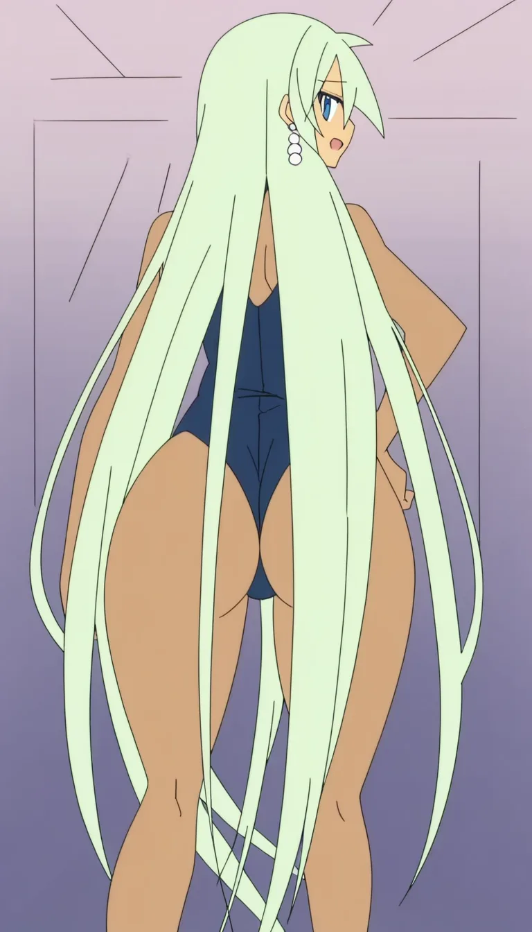 Standing, Blue swinsuit, one-piece swimsuit,(rear view), Ass focus, big ass, she is dancing and boucing ass, focus view from_behind, ((8K, high quality, clean lines, perfect face:1.25)), incredibly detailed, green hair, very long hair, light green hair, blue eyes, mature female, pearl earrings, dark skin, solo, 1female, large breast, looking at viewer, happy expression,thick thighs, woman 28 years old, anime style