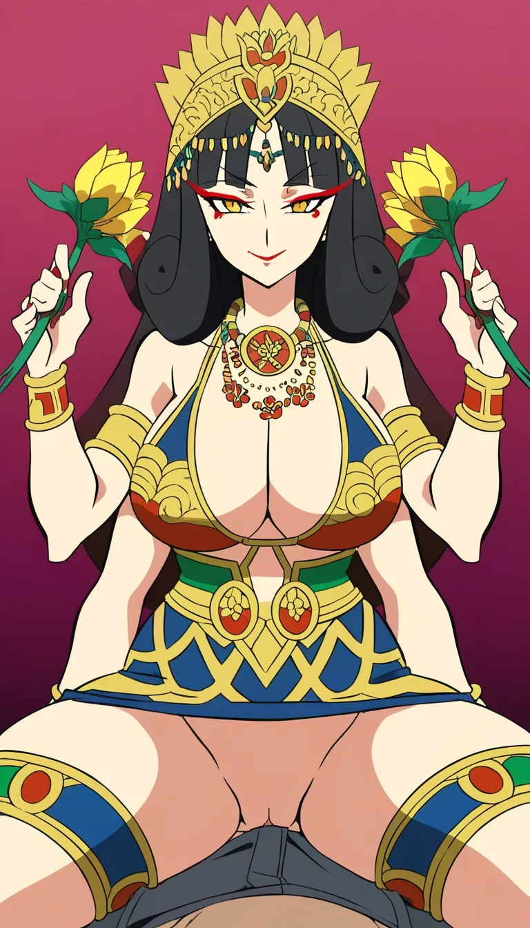 1 Adult Mother Goddess with multiple arms, ethnicity Hindu, Bengali, Indian, red lipstick, symmetrical body anatomy, Big chest, Thick thighs and arms, thick pelvis, Bra with intricate patterns and baggy mini skirt with curls and frills and front slit, upskirt , no_panties , pussy, Adorned Heavily in Indian Ornaments, black almond shaped eyes with fine long eyelashes, eyeliner , saree over head, long black_hair with midpart hairstyle, POV Sex, front profile, cowgirl_position riding , Having sex with viewer, big Mukut Crown, devine radiance, Calm and Graceful Expression, confident smile with hooded eyes, flowers around in Symmetrical order, holding flowers, floral necklace, armlets, bracelets, thighlets, Indian art style with flat 2d colors,