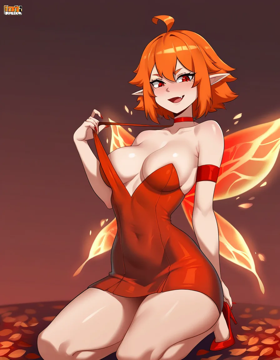 masterpicece, best quality, very detailed, beautiful, sharp, solo, short_hair, red_eyes, ahoge, orange_hair, fang, red short dress with flame coloured leaf shaped edges, fairy wings, medium_breasts, red choker, red armband, red high_heels, bare legs, exposing breasts, clothes_pull, hentai_studio_quality