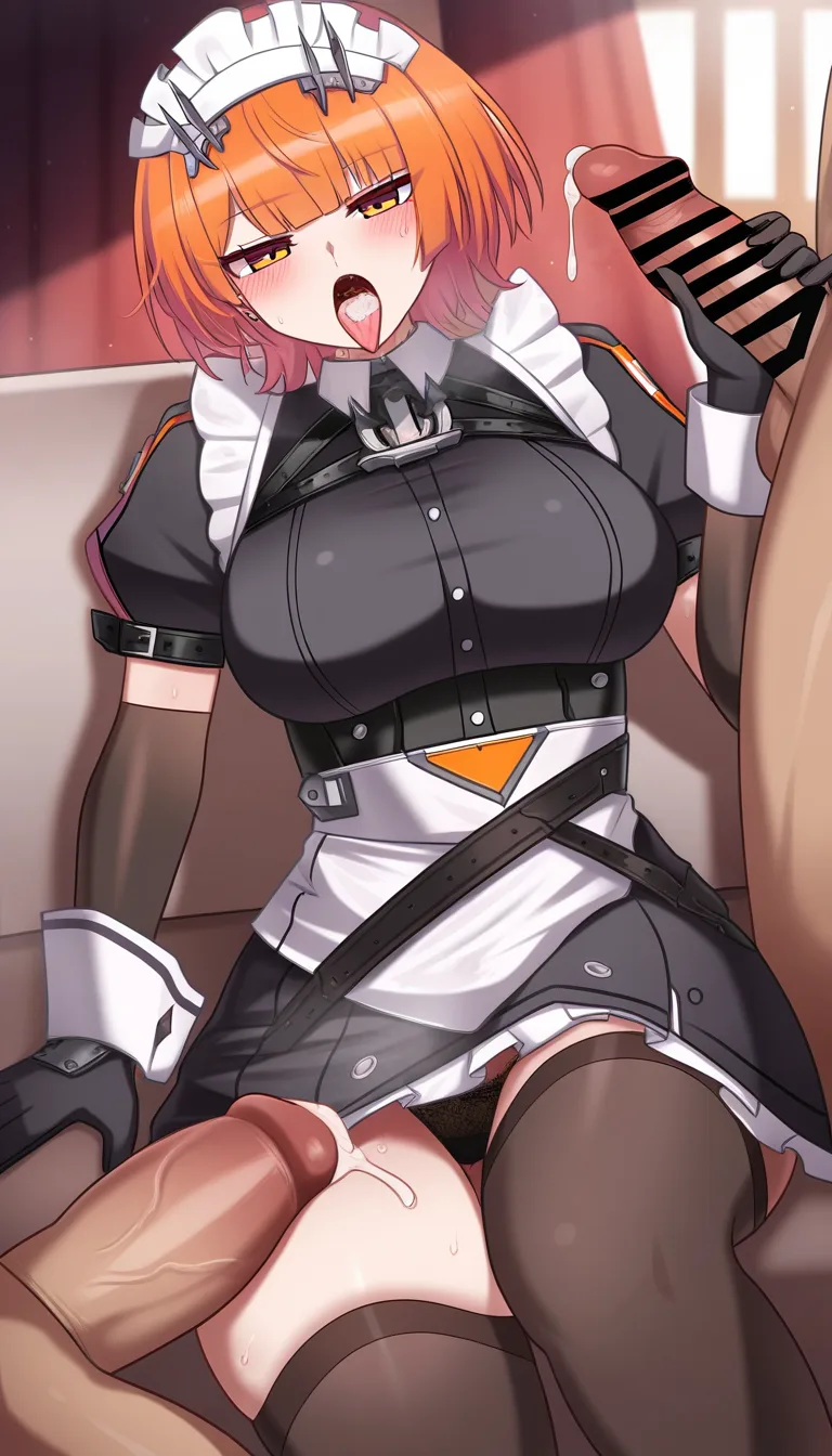@ellen_joe #feet #black_thighhighs #gloves #skirt #maid #sitting_on_lap #handjob #cum_in_mouth, hentai_studio_quality