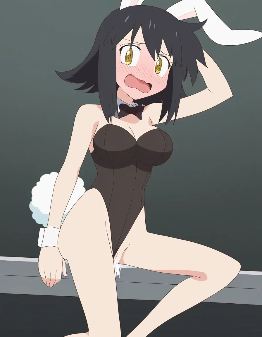 embarrassed after_vaginal facing_viewer with black_hair white fur rabbit_ears, (anime style:1.3), 2d, anime screencap, cel shading, flat color
