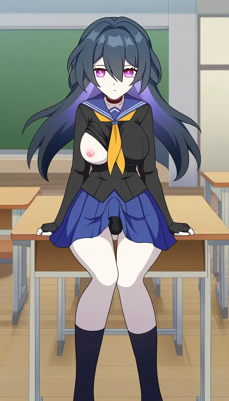 Castorice from honkai star rail , school uniform, class, sitting at the desk, one_breast_out , 1 nipples , futanari , bulge under the skirt,, (anime style:1.3), 2d, anime screencap, cel shading, flat color