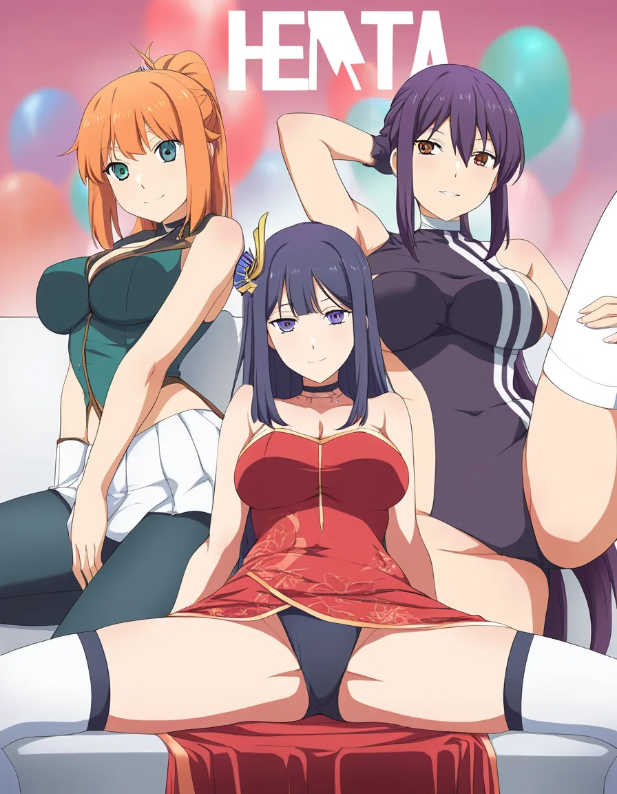 masterpiece, best quality, 4girls, choker, spread legs, wide shot, vivid anime colors, hentai_studio_quality