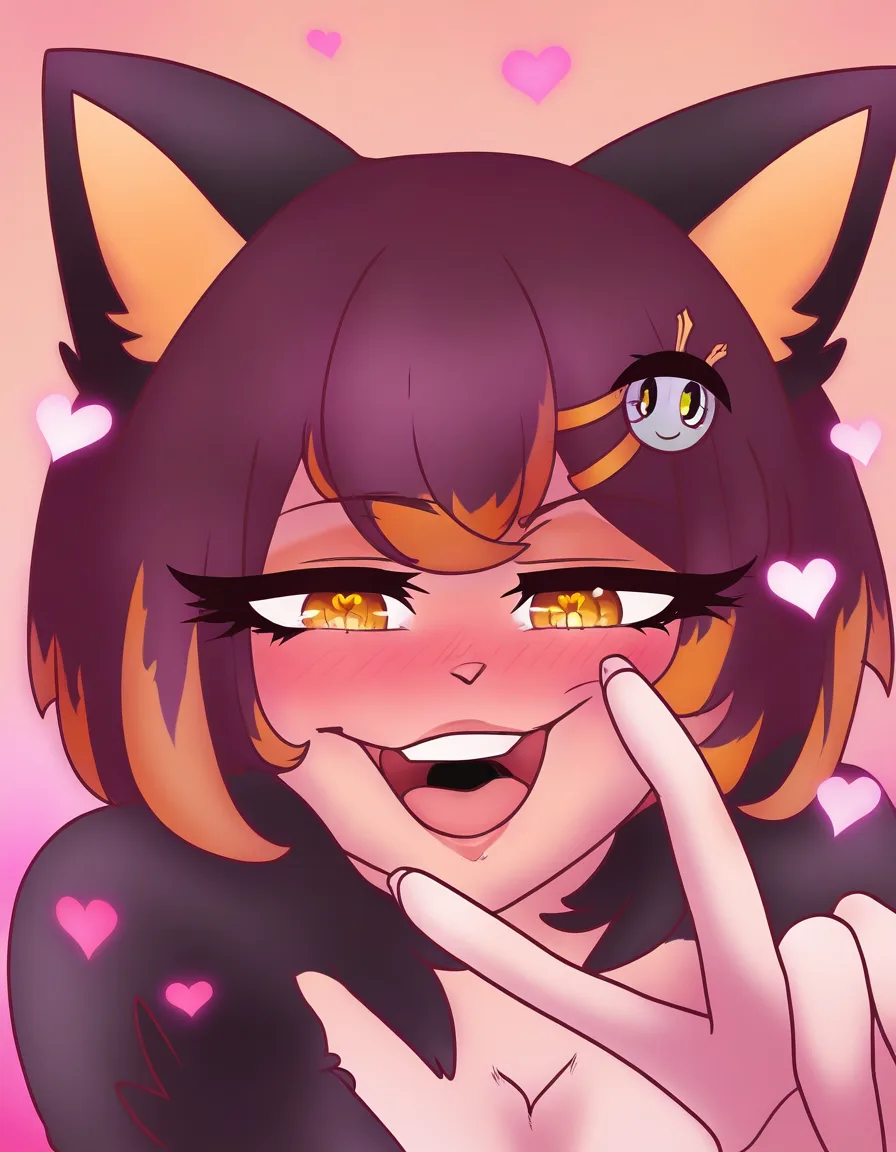 Mika's appearance
Face and expression: Mika has an exceptionally soft, feminine face with delicate, anime-inspired features and a slightly rounded, heart-shaped appearance. Her cheeks are rosy pink, her nose is and delicate, and her lips are naturally pink. She has a playful, affectionate smile, with her mouth slightly open and the tip of her tongue peeking out.
Eyes: Her eyes are large, almond-shaped and a beautiful golden amber colour, with darker outlines around the irises. Long, dark eyelashes frame them, and her gaze is gentle, sleepy and slightly mischievous. Her eyelids are softly lowered, giving her an affectionate, relaxed expression.
Hair: Her hair is exceptionally long, thick and nearly jet-black, with subtle warm-brown highlights from the pink lighting. It falls in loose, slightly tousled waves past her shoulders. Her long, wispy bangs partially cover her forehead and frame her eyes, while additional strands cascade around her cheeks.
Cat ears: Two large, triangular black cat ears rise from the top of her head. They're covered in dense, realistic black fur, with exceptionally fluffy, pale pinkish-white interiors. The ears are positioned naturally and slightly angled outward.
Tail: Behind her is an enormous, dramatically fluffy black cat tail. It's thick, curved upward into a prominent arch, and covered in dense, soft-looking fur. Its size makes it one of her most distinctive features.
Accessories: Small pastel-pink satin bows decorate her hair near both ears. golden bells hang among the ribbons, accompanied by a miniature white kitty-face ornament and delicate pink hair clips.
Complexion: Her skin is fair, smooth and softly illuminated by the surrounding pink lights. Her cheeks have a noticeable warm blush.
Pose: She's leaning forward toward the viewer with her head tilted slightly to one side. Her hair falls naturally around her face and shoulders, and her expression feels playful and inviting.
🩷 The background
The setting is a cosy, heavily decorated kawaii bedroom with a pink-and-purple colour scheme.
Soft pink bedding and fluffy blankets cover the bed.
A gaming monitor displays an anime-style character.
Pink and purple LED lighting illuminates the room.
Anime artwork and decorations cover the walls.
Adorable plush toys sit around the room.
A glowing neon pink cat-shaped light is visible in the upper-right corner.
The background is slightly blurred, making Mika's face the central focus.
Overall aesthetic: A highly detailed, semi-realistic anime-inspired catgirl portrait, combining lifelike hair and fur textures with stylised golden eyes, soft facial features and dreamy pink lighting.
She should be naked, not in a style that looks too anime. She should be filled with cum in her pussy and be spreading her legs, hentai_studio_quality