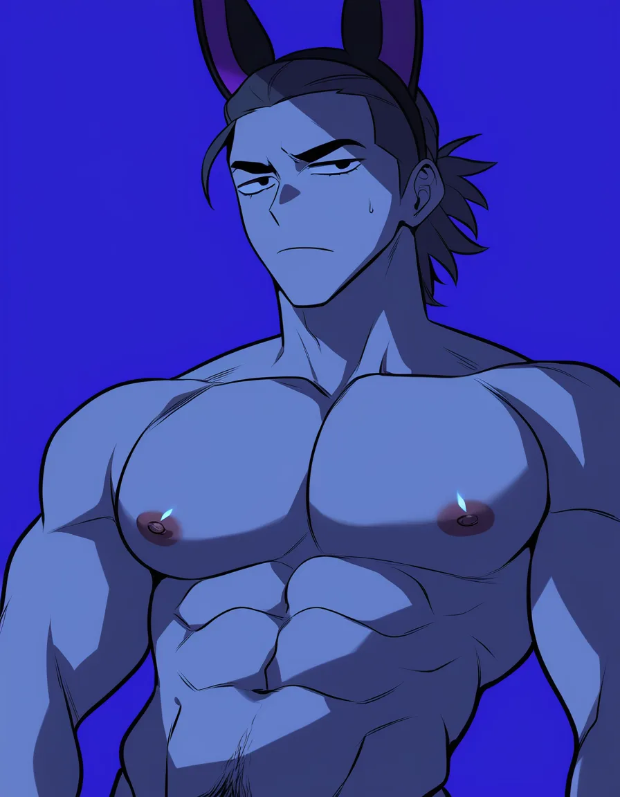 ultra detailed shading, maid, fake animal ears, white shirt, topless, blue background, dominant stare, explicit anime render, hentai_studio_quality