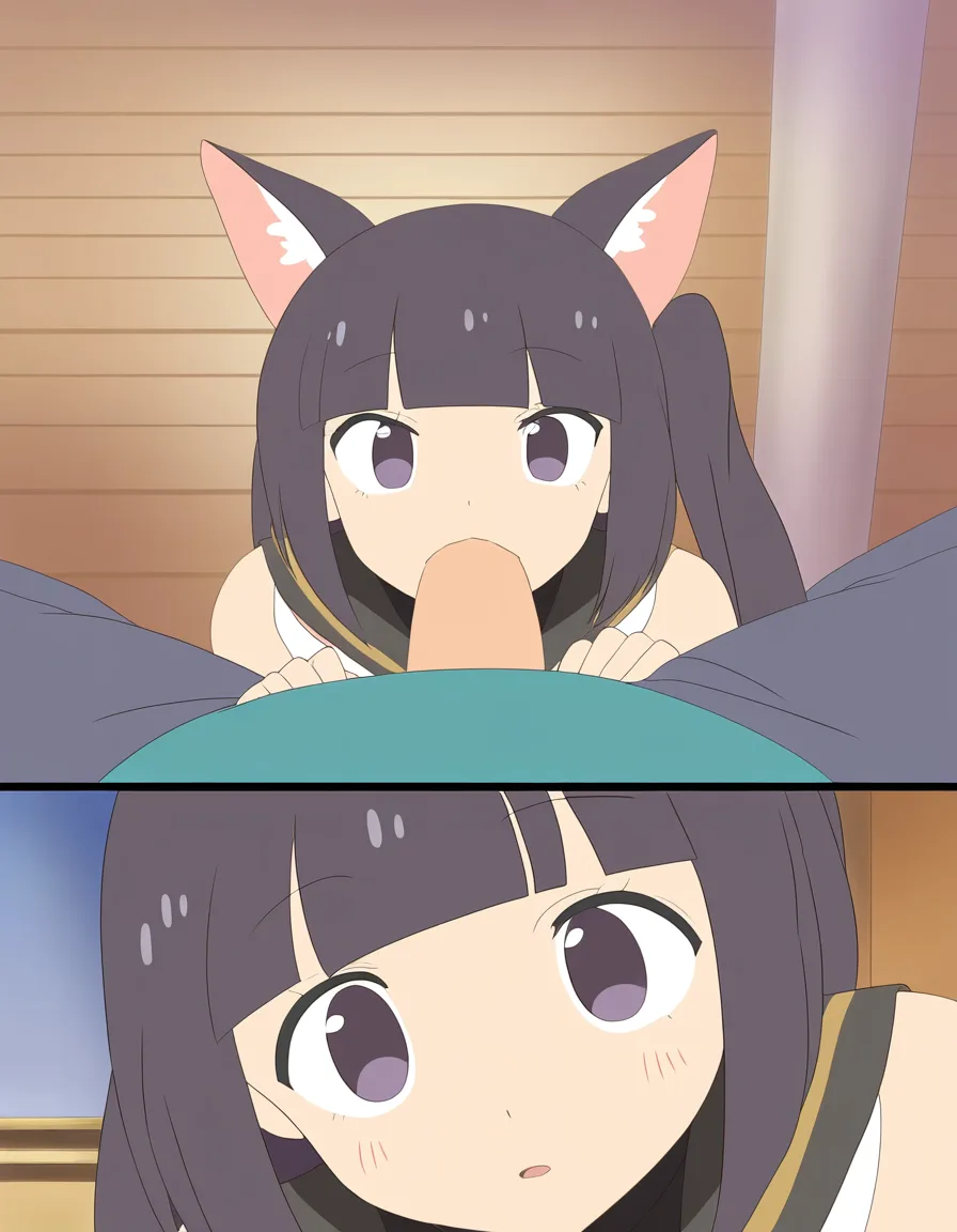 absurdres, highres, couple, blowjob, animal ears, blunt bangs, hentai style, (anime style:1.3), 2d, anime screencap, cel shading, flat color, @00osamio00