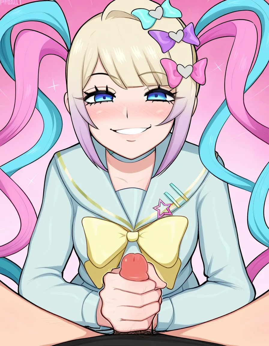 @chouzetsusaikawa_tenshi-chan, 1girl, naughty_face, smile, afrobull_artstyle, handjob, blush, pov, (anime style:1.3), 2d, anime screencap, cel shading, flat color, @00osamio00