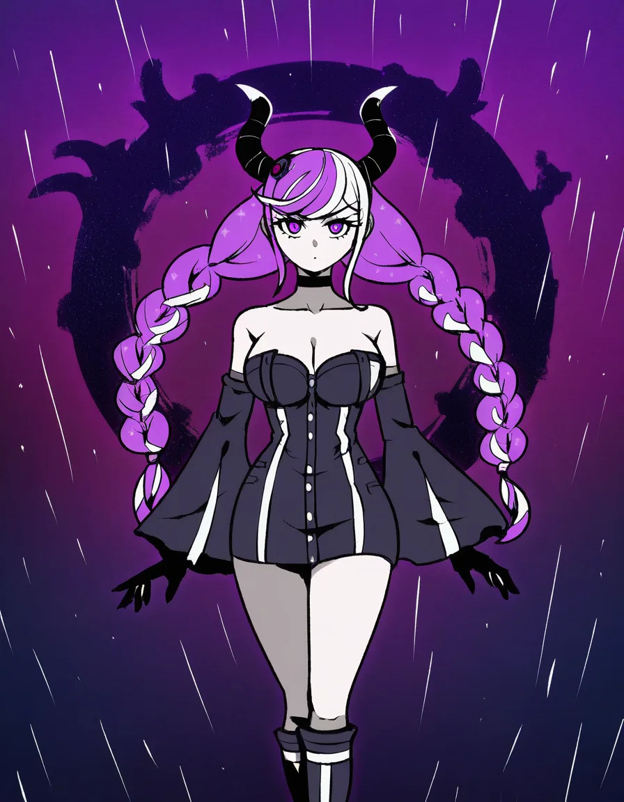 @shinigami_(rain_code), master_detective_archives:_rain_code, akairiot_artstyle, 1girl, solo, large_breasts, naughty_face, black_gloves, black_dress, horns, multicolored_hair, two-tone_hair, black_choker, black_nails, boots, knee_boots, detached_sleeves, twin_braids, purple_eyes, full_body, standing, looking_at_viewer, (anime style:1.3), 2d, anime screencap, cel shading, flat color, @00osamio00