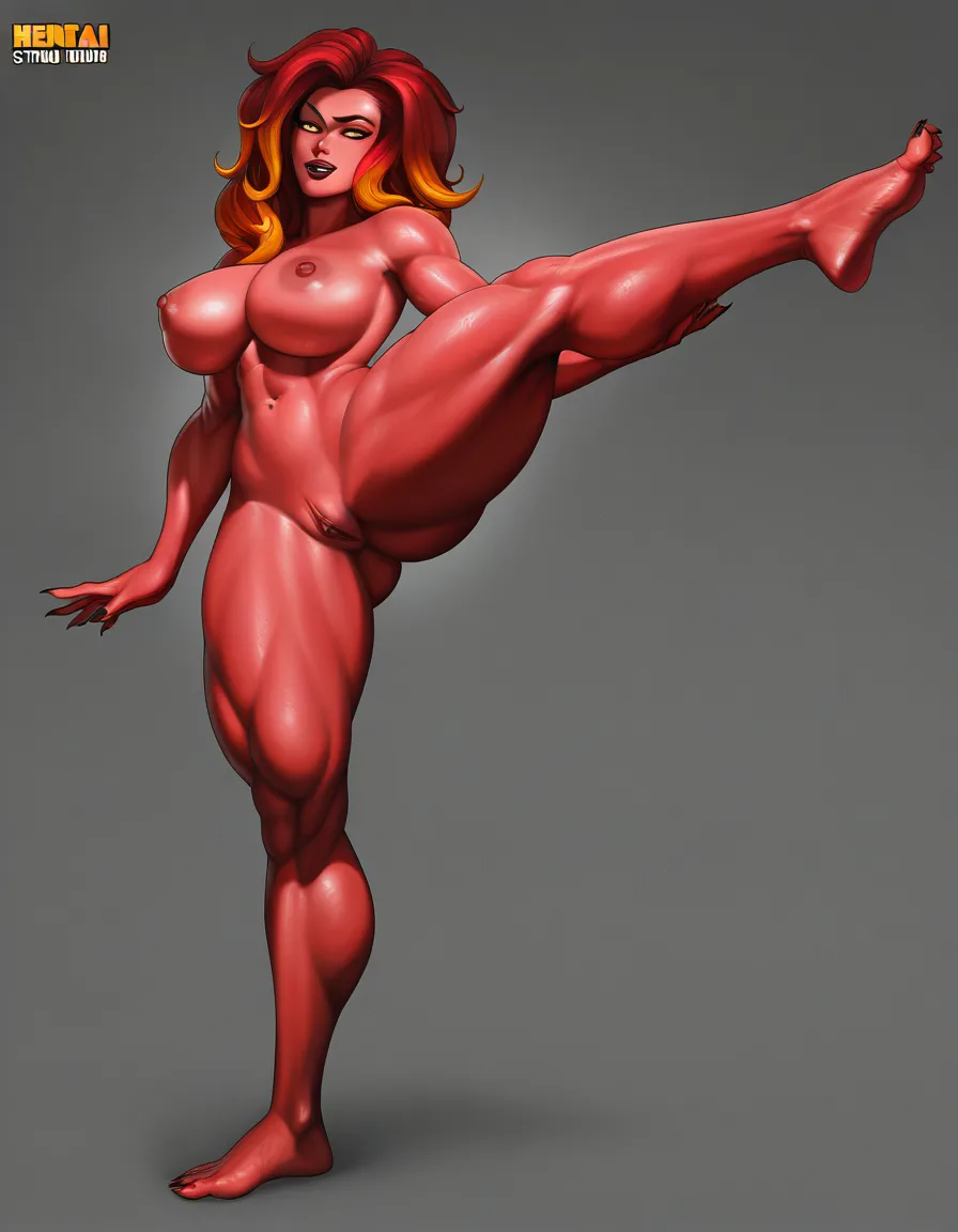 ultra detailed, redhead woman, leg up, colored skin, two-tone hair, visual novel art, hentai_studio_quality