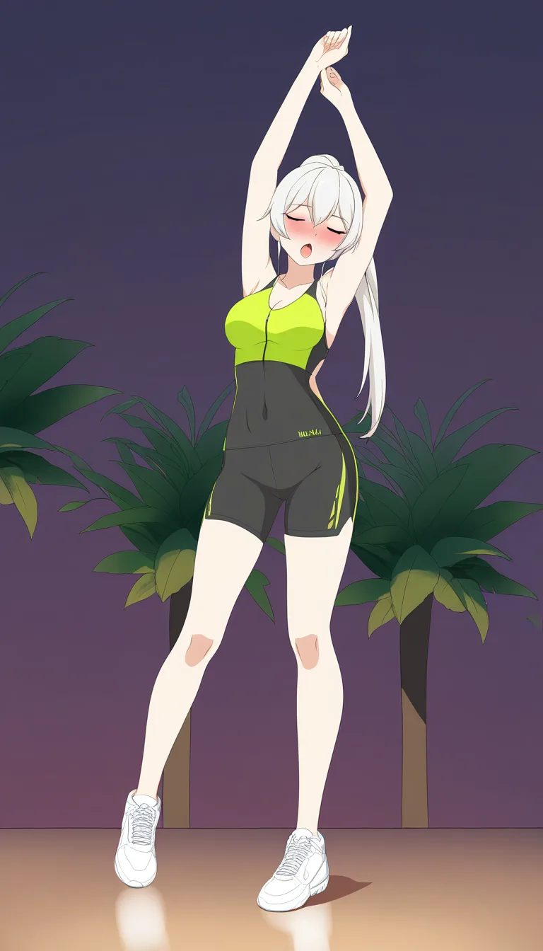 ultra detailed shading, fitness model, dancing, moaning, white footwear, white hair, plant, vivid anime colors